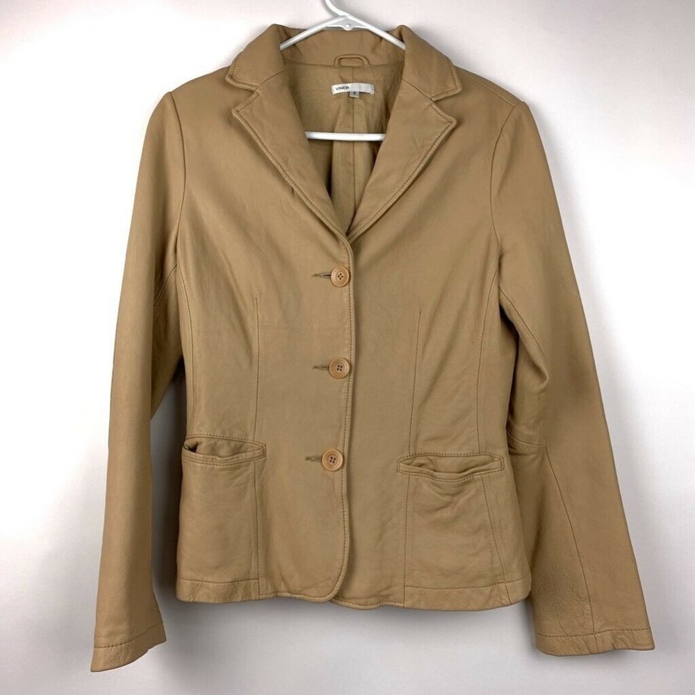 Vince Womens Blazer Beige Genuine Leather 8 Pocket